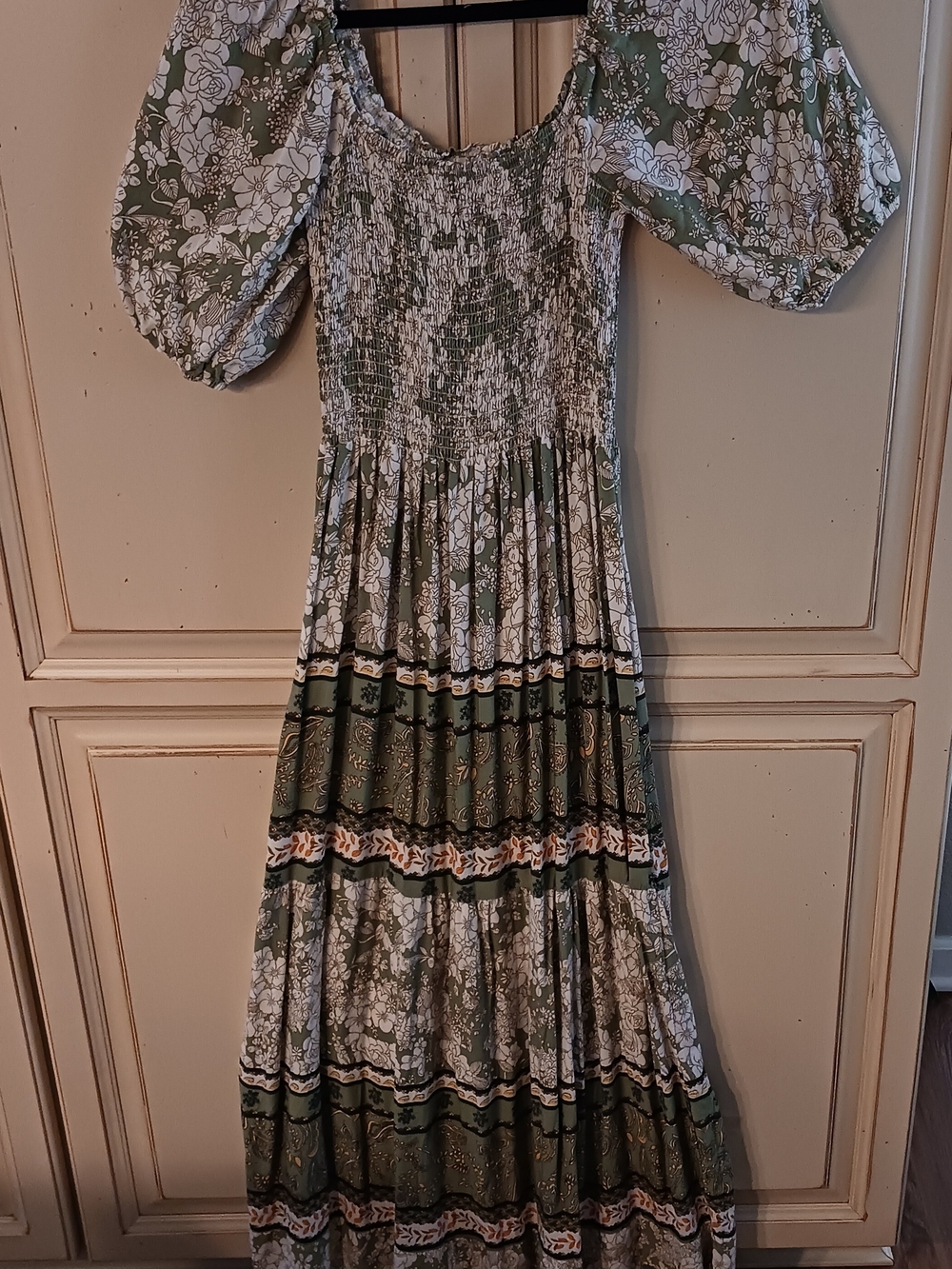 Kindred Brand, Olive Green Floral Smocked Maxi Dress with Puff Sleeves